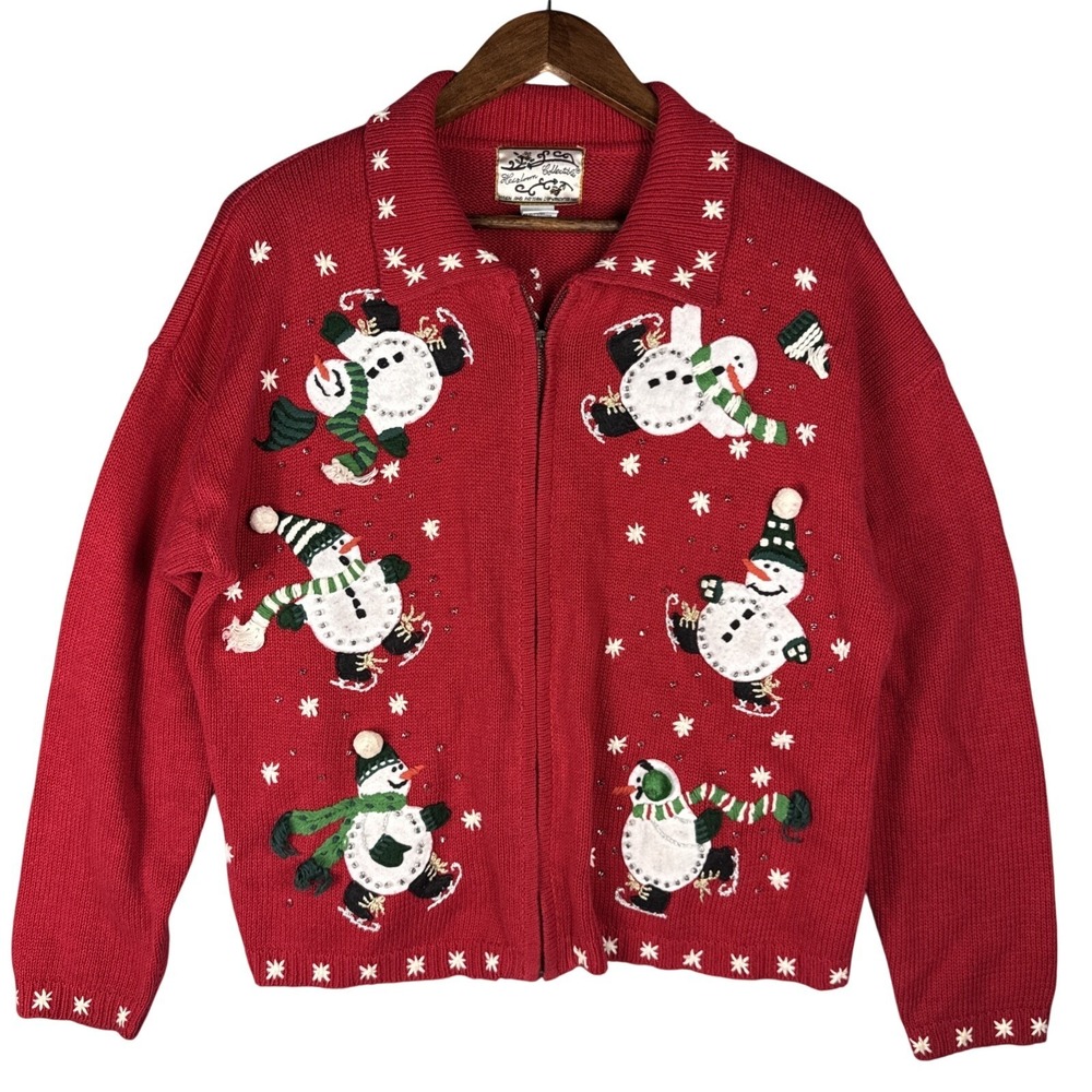 Vintage Heirloom Collectables Christmas Jacket Women Large Red Full Zip Snowman